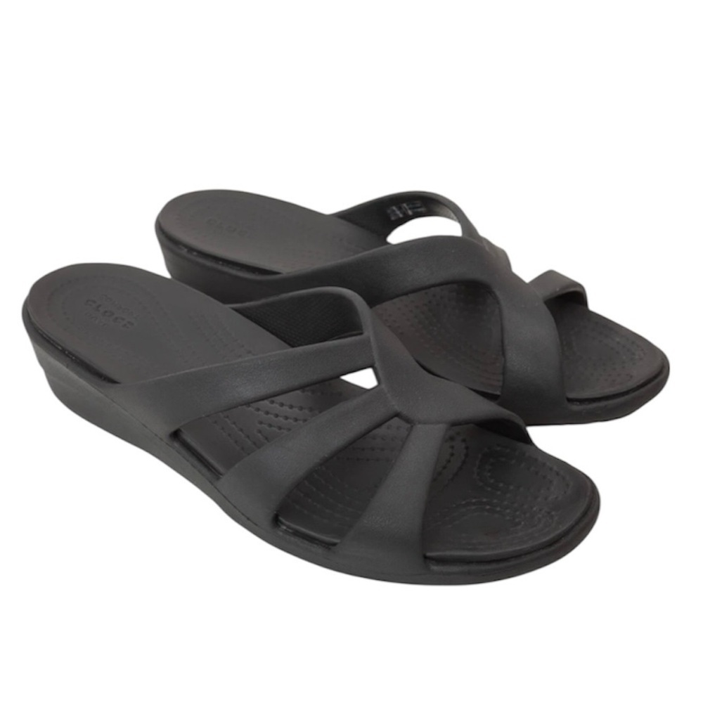 Crocs Sanrah Wedge Strappy Sandals Dual Comfort Slip On Black Platform soft 11